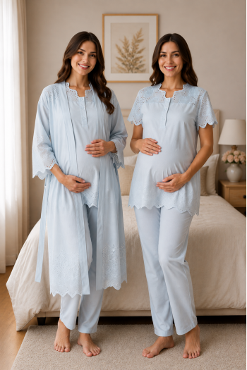 Effortt 9024 MAVİ KETEN Sabahlıklı Lohusa Pijama Takımı